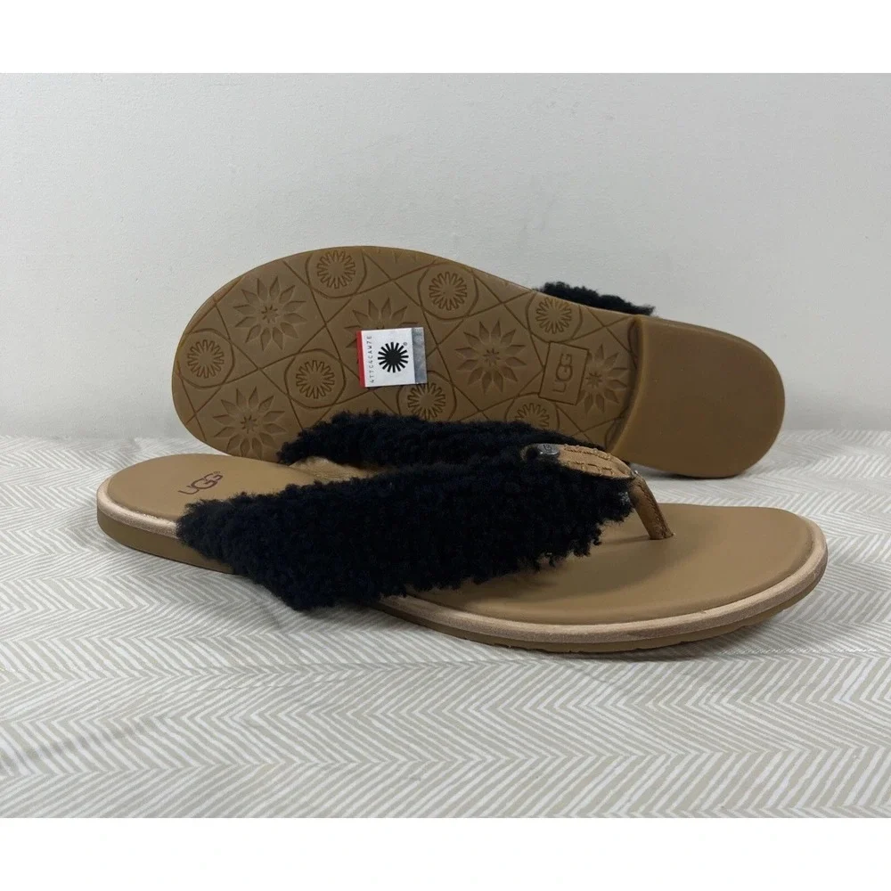 UGG Alicia Womens 12 Shearling Sherpa Sandals 1101030 Black Slip On Flip Flop